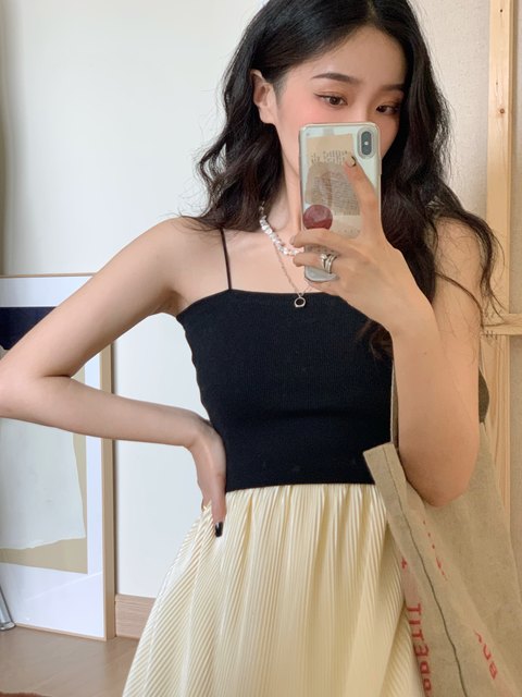 Ren Xiaoyi litemode summer one-shoulder bottoming elastic knitted suspender sweet and spicy French top vest for women