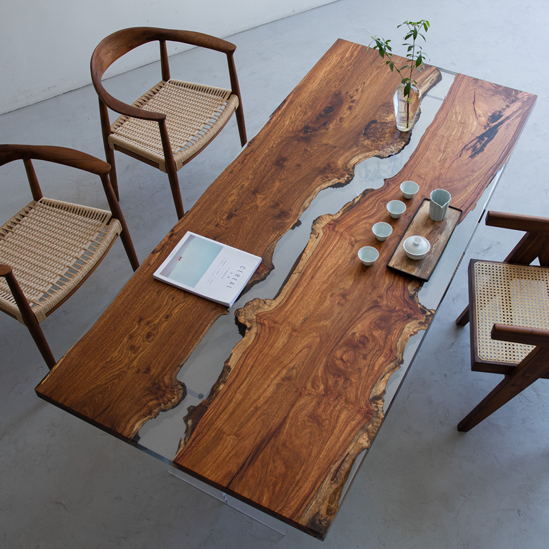 White wax wood solid wood large plate custom resin river table whole plate tea table table tea table tea table Desk Clear Barn