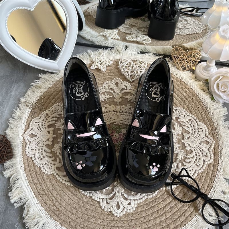 In-Stock Cat Academy Embroidered Lolita Shoes, Summer Glossy Jk Leather Shoes, Soft-Soled Cute Student Uniform Shoes