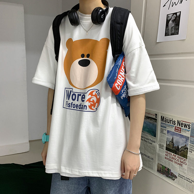 猫咪印花夏季短袖男T恤学生韩版潮流五分袖