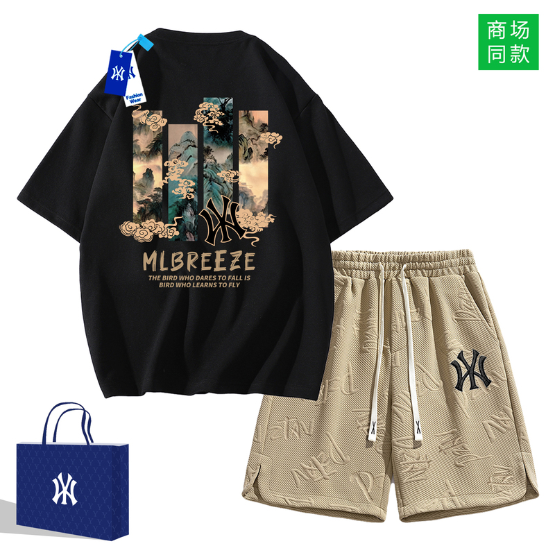 Outlet Store | Chinese Style ins Summer New Short-Sleeve Set Men's T-Shirt Pure Cotton Loose Casual Sports Couple Outfit