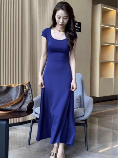 法式方领蓝色T恤连衣裙女夏季小个子修身显瘦气质高级感A字长裙子