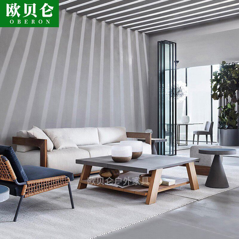 Outdoor high-end teak sofa outdoor courtyard waterproof sunscreen furniture designer villa hotel anti-corrosion wood sofa