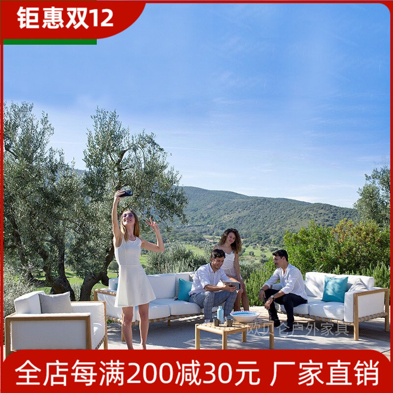 Outdoor waterproof and sunscreen solid wood sofa villa garden anti-corrosion wood furniture designer model room high-end sofa