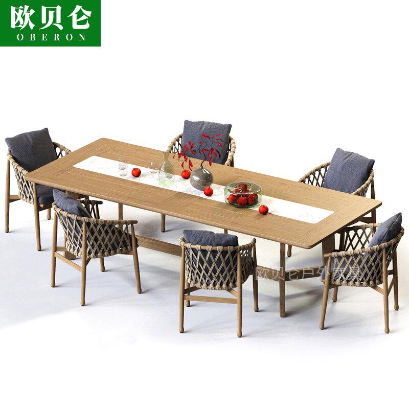 Outdoor waterproof sunscreen solid wood tables and chairs courtyard garden anti-corrosion rattan chairs hotel outdoor greenhouse open-air rattan furniture
