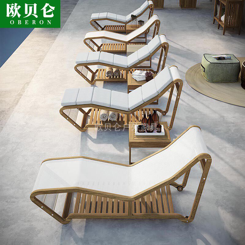 Outdoor courtyard anti-corrosion solid wood deck chair high-end swimming pool leisure single deck bed hotel villa luxury furniture