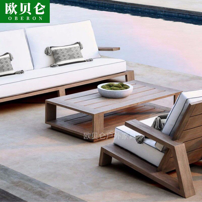 Outdoor high-end anti-corrosion solid wood sofa outdoor courtyard waterproof sunscreen furniture villa hotel high-end solid wood sofa