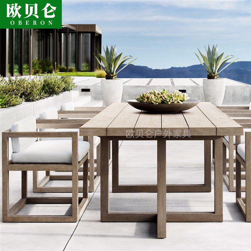 Outdoor anti-corrosive solid wood table and chairs high-end hotel villas long table combined teak drawing to make old waterproof sunscreen furniture-Taobao
