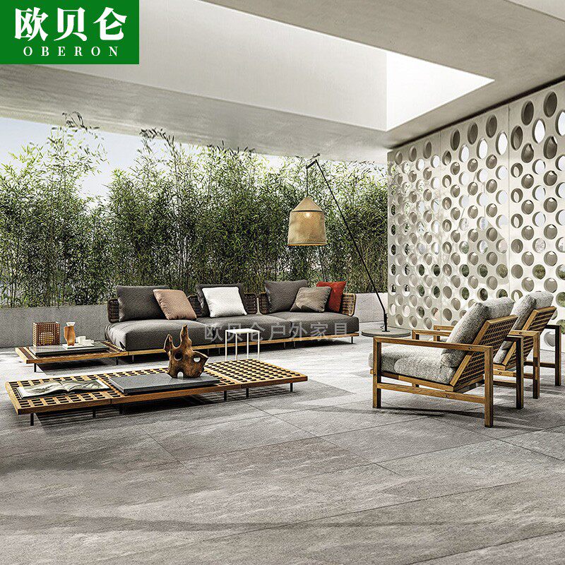 Outdoor courtyard anti-corrosion solid wood sofa designer model house villa high-end furniture coffee table outdoor rattan sofa