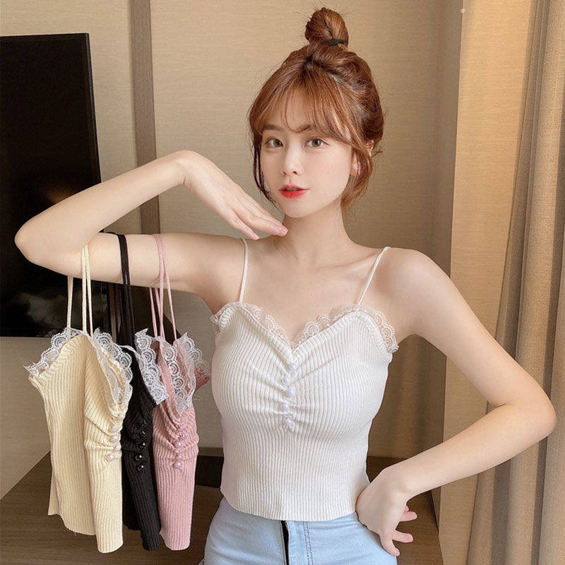 Lace Splicing Knit Vest Harnesses Women 2022 Summer new French style 100 lap outside wearing a tight inner lap top 