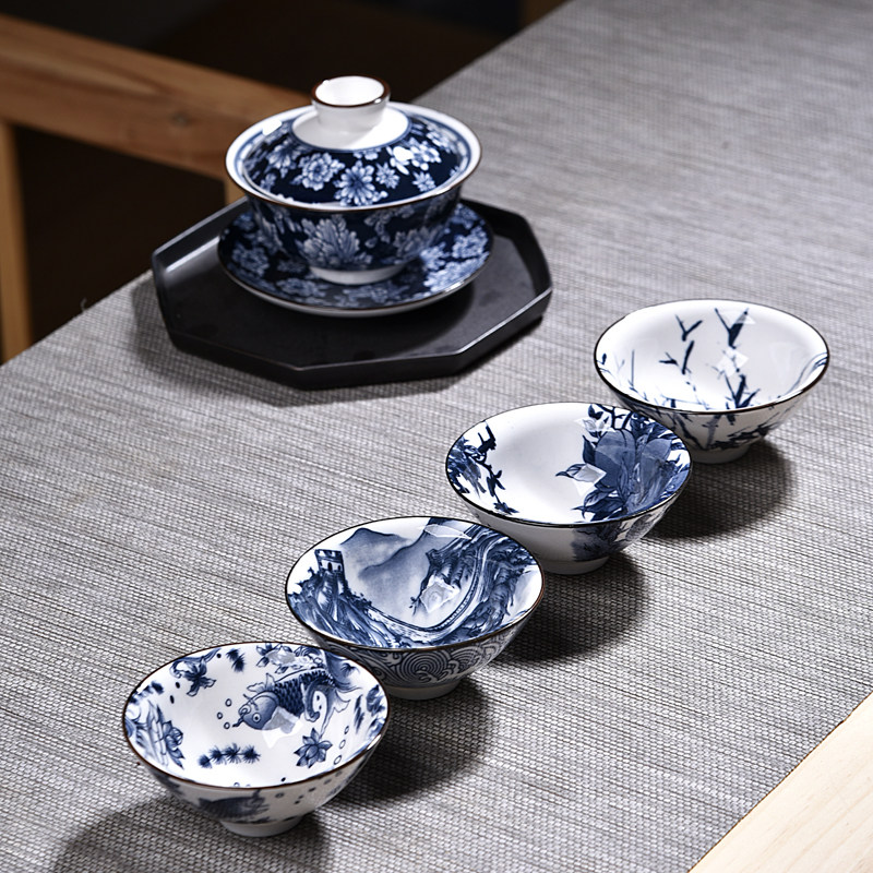 Blue and white tou Li cup ceramic kung fu small cup tea bowl cup single cup owner cup tea cup tea set