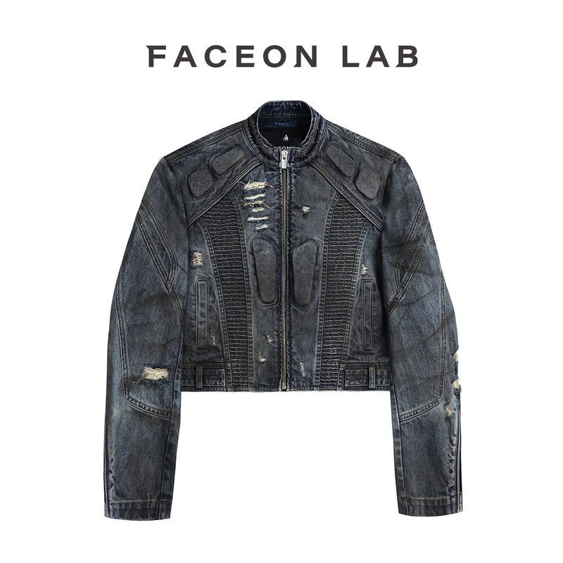 [Same Style as Ding Yuxi] Faceonlab Dark Akira Denim Biker Jacket, Washed and Faded Denim Jacket