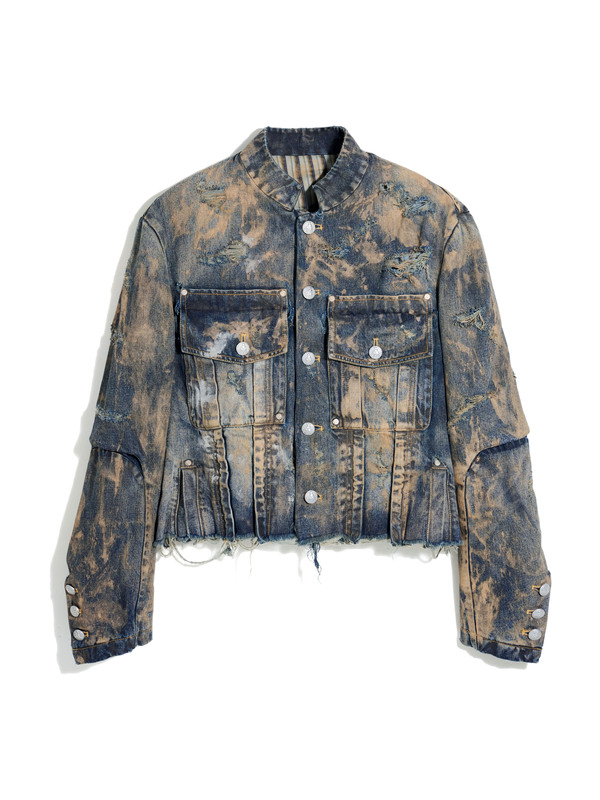 Today Youth Faceonlab Mud Uniform Mud-Dyed Denim Stand-Up Collar Denim Jacket Destroyed Deconstructed Original