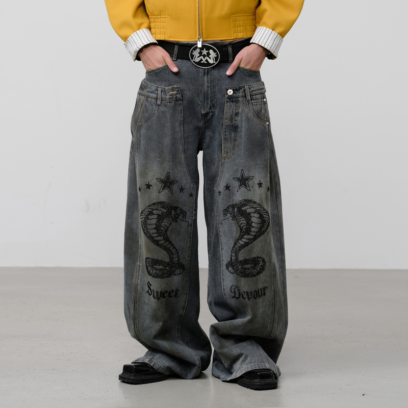 [Celebrity Style] Faceonlab Original Double Waistband Snake Print Rhinestone Wide-Leg Vintage Washed Jeans