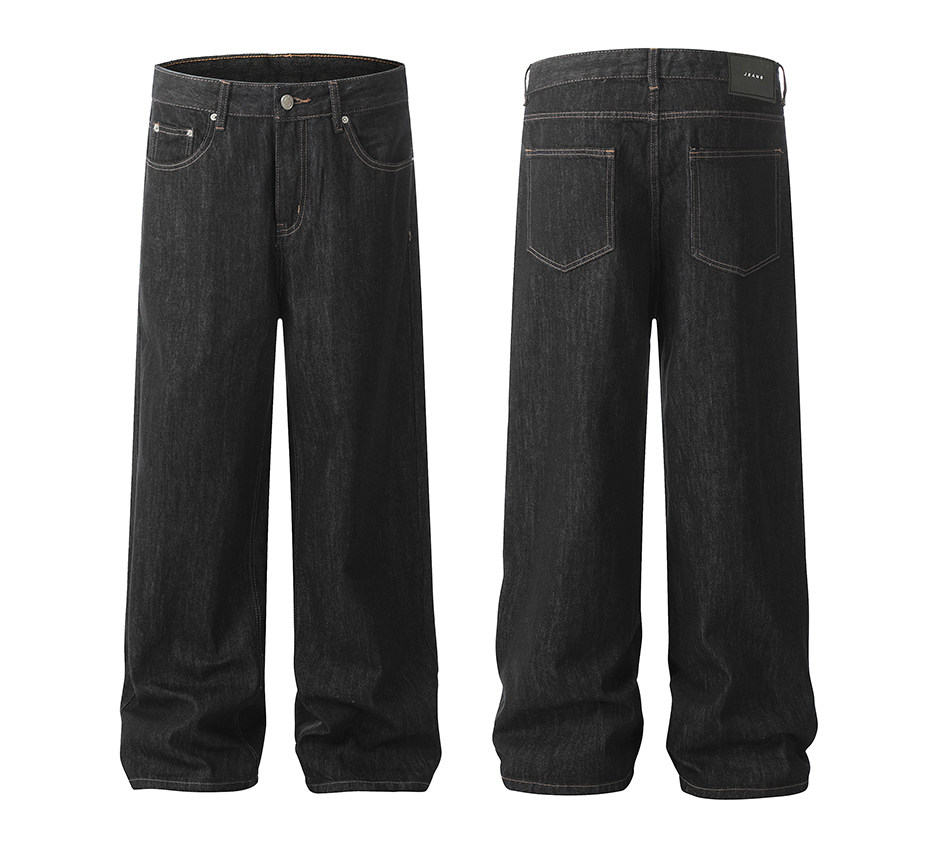 Front and back view of EastLyst Vintage Jeans in black, made from premium raw denim with a relaxed straight leg, visible stitching, button-zip closure, and side and back pockets, shown on a white background.