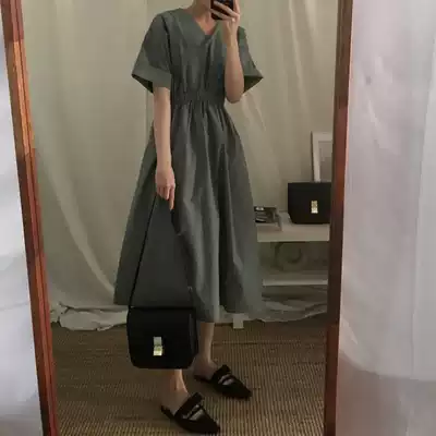 2021 spring retro elegant v-neck waist slim short sleeve dress women high waist pullover sweet A word Medium-length dress