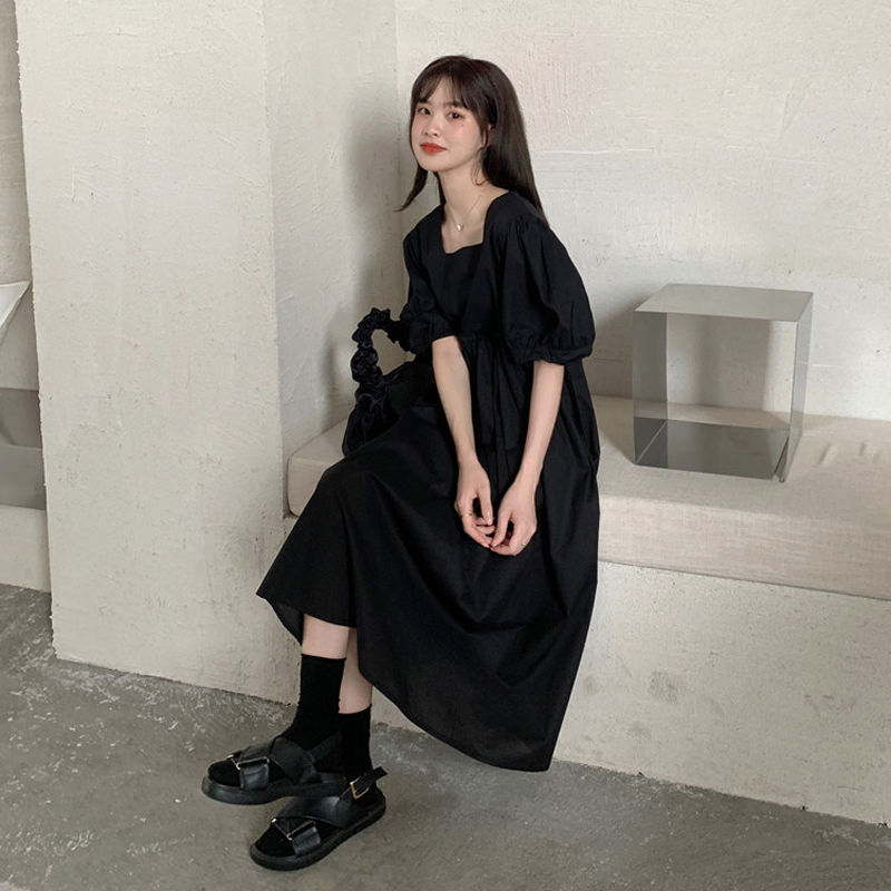 Spring 2021 new retro style small black dress with long version of high waist loose square collar short sleeve foreign dress woman dress