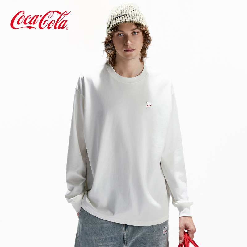 Coca-Cola Solid Color Embroidered Base Shirt American-Style Drop Shoulder Crew Neck Long Sleeve T-Shirt Unisex