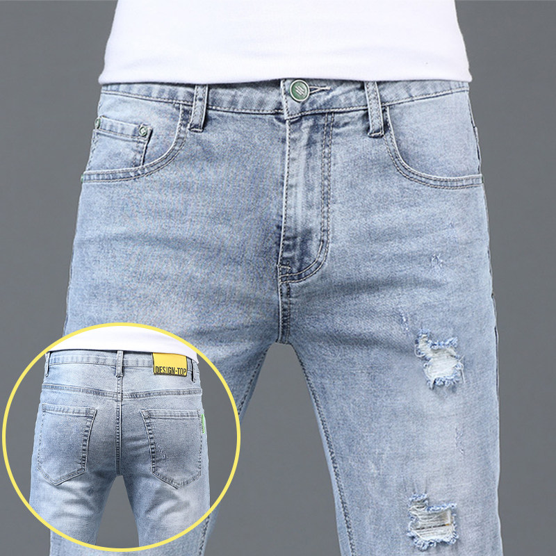 Tide card Broken Cave Jeans Man 2022 Summer New elastic body straight cylinder loose slim fit Casual Narrow Foot Pants