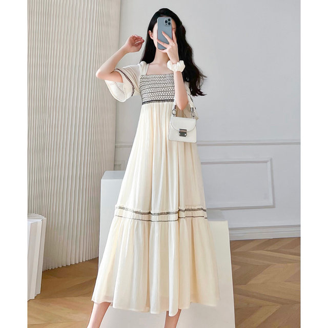 2023 summer new design sense French long skirt puff sleeve temperament fairy square collar dress seaside holiday skirt