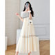 2023 summer new design sense French long skirt puff sleeve temperament fairy square collar dress seaside holiday skirt