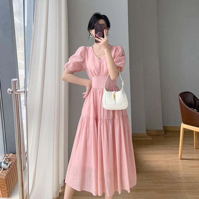 2023 Summer New French Retro First Love Dress Slim Waist Slim Temperament Gentle Wind Pink Puff Sleeve Dress