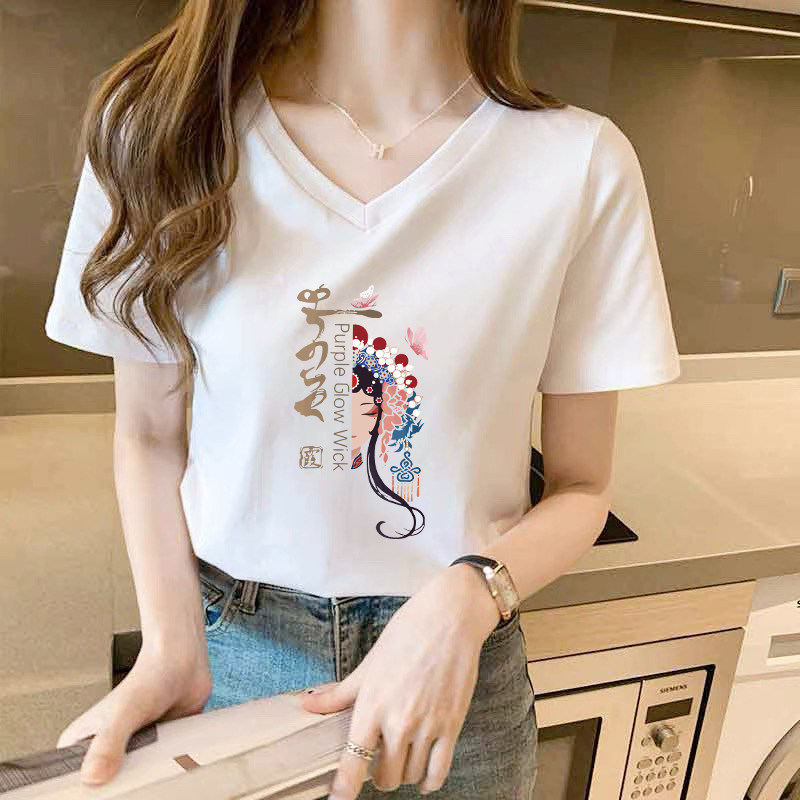 纯棉2026夏新款v领白色短袖T恤女韩版修身百搭鸡心领半袖体恤上衣