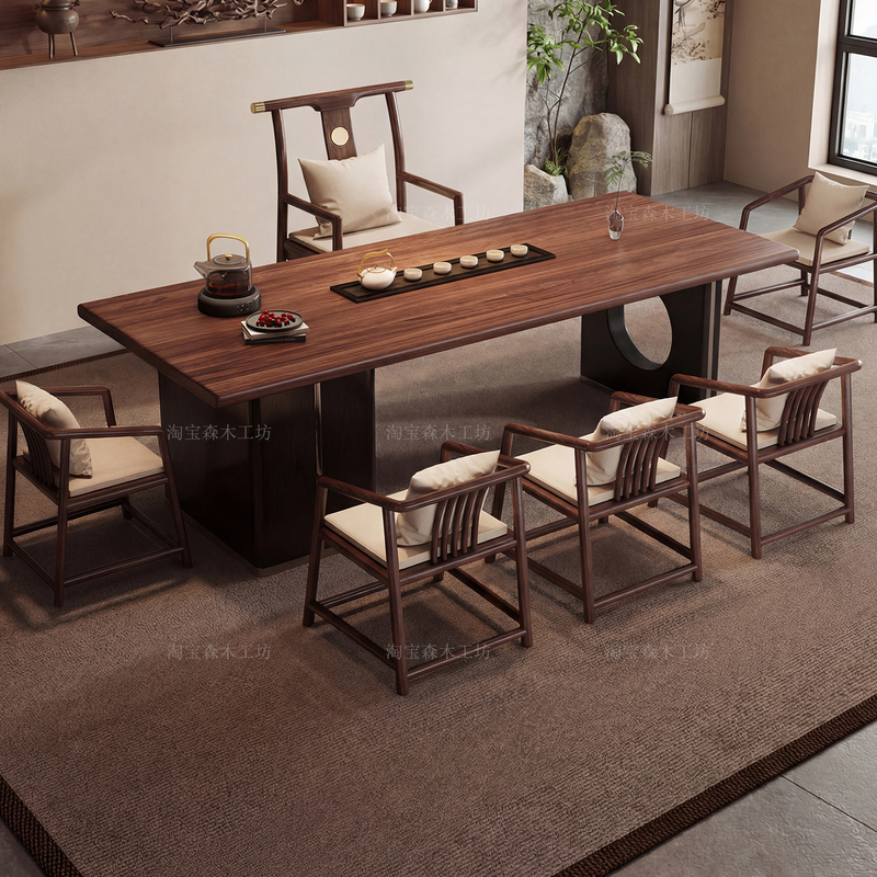 Solid Wood Luohan Bed Tea Table and Chair Set for Living Room, Song-Style Aesthetics, New Chinese Zen Style, Office Reception Tea Table with Storage