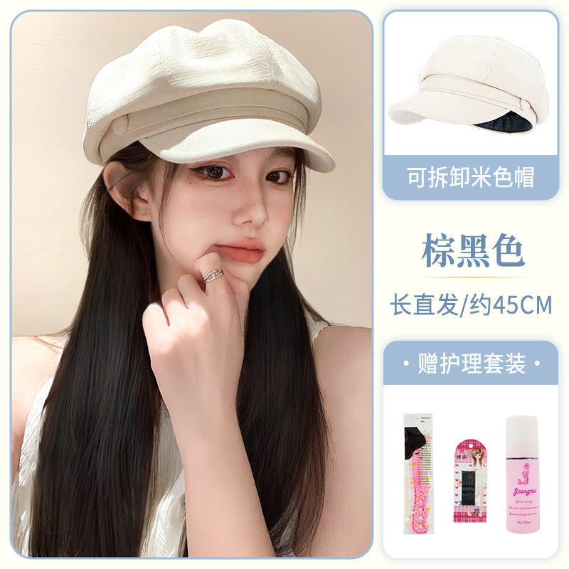 White Hat with Long Straight Hair Wig for Women, 2025 New Style Beret Octagonal Hat, Autumn and Winter Fashion Wig Full Head Cover