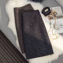 Hairy skirt womens autumn and winter New retro plaid hip dress high waist A character temperament knitted skirt long