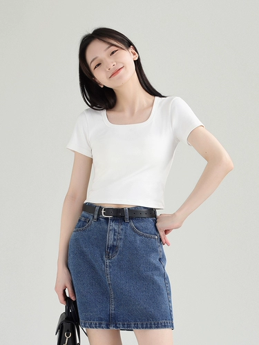 DESSUU Цветная короткая приталенная эластичная футболка с коротким рукавом, квадратный вырез, короткий рукав