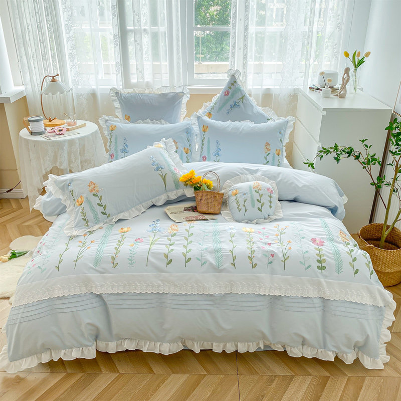 80pcs cotton washed cotton yarn-dyed four-piece embroidery blue quilt cover bed linen style pastoral style bedding 4