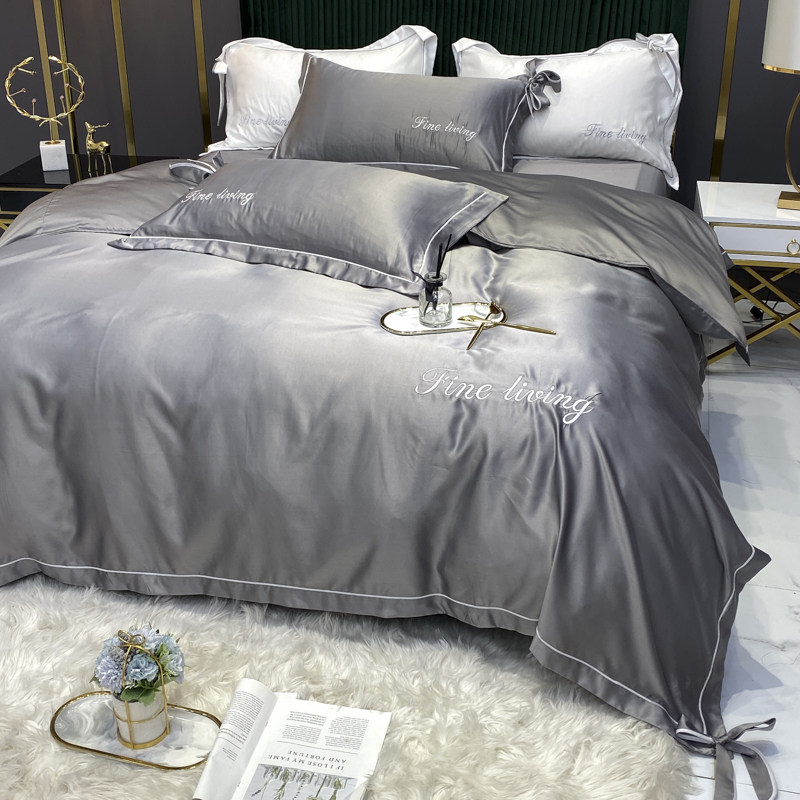 Washed silk embroidery four-piece set ice silk European-style silky nude sleeping sheets quilt cover silk bow bedding