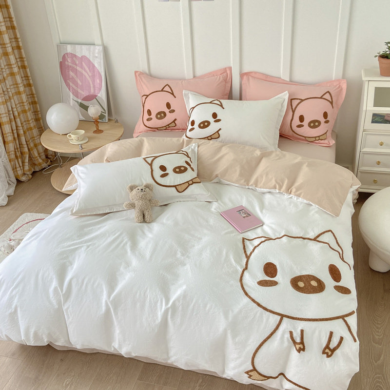 Beige cotton washed cotton embroidery four-piece set of pure cotton cartoon cute pig simple bed sheet bedding bedding