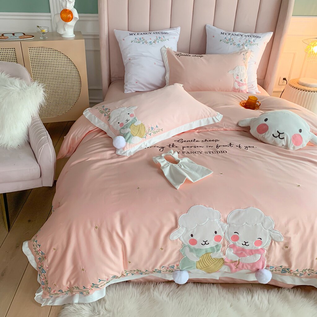 80s long-staple cotton four-piece set of cotton pure cotton satin cartoon powder embroidery children's cute girl heart bedding 4