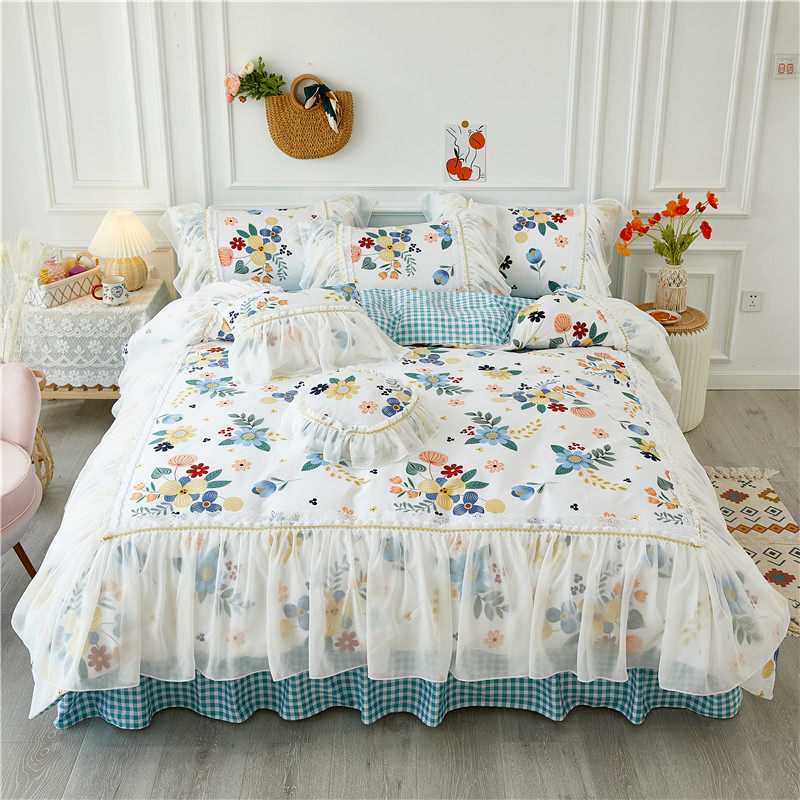 Fairy cotton bed skirt four-piece princess style Korean version lace cute girl fresh floral bedding