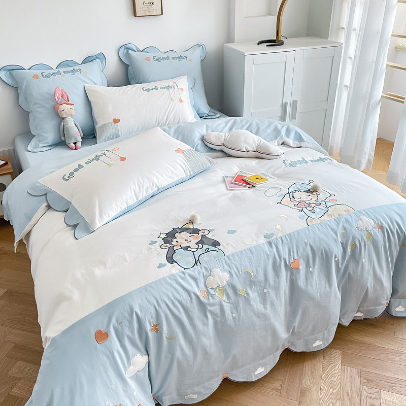 80-Cotton Washed Cotton Embroidery Four-Piece Set Thick Cotton Pure Cotton Cute Girl Heart Light Blue Bed Bedding