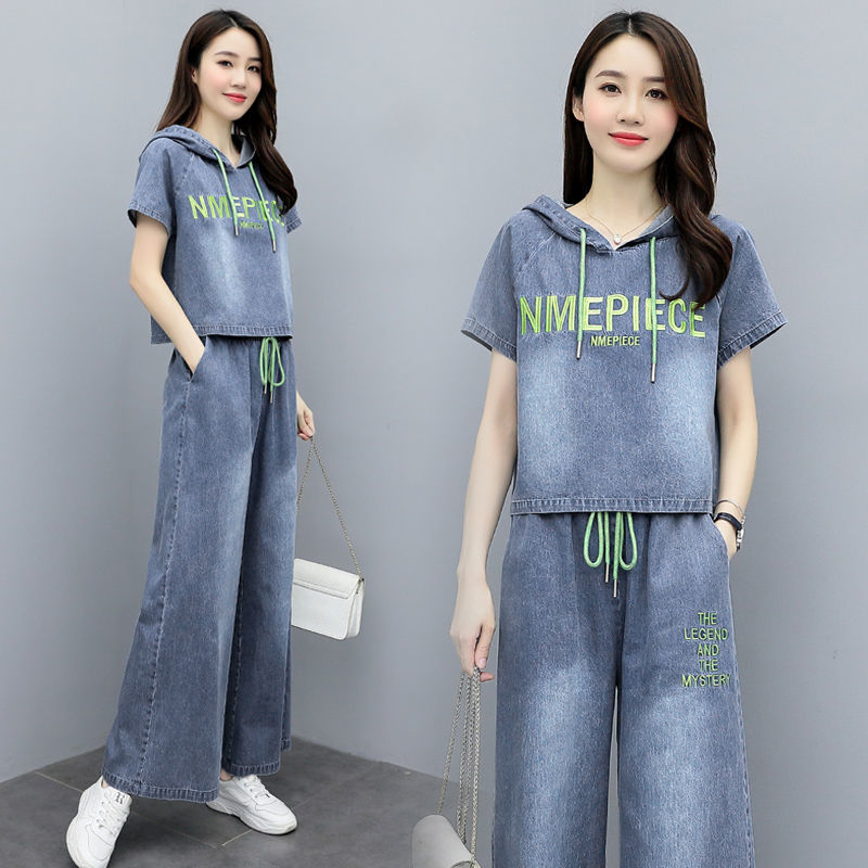 (Women's clothing 20) wide-leg pants denim new two-piece temperament summer single-piece embroidery age reduction 2022 suit cattle