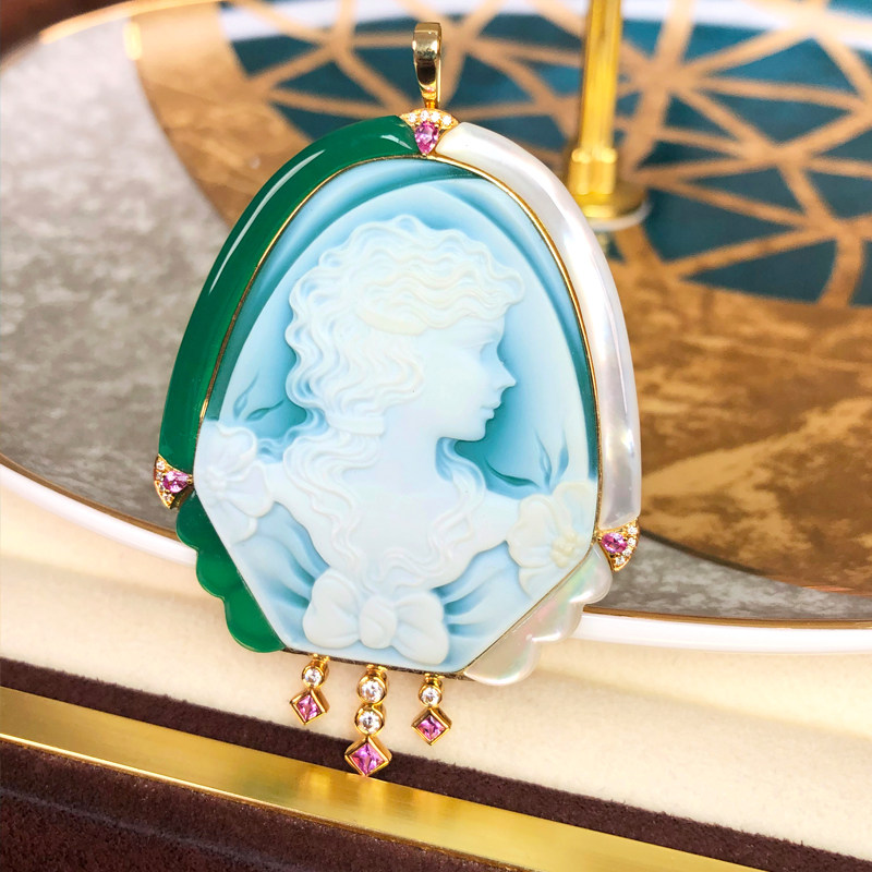 Donton Estate] Orchid Jin Jewelry Western Beauty Cameo Pendant Chest Needle Dual-use 18K Gold Inlay-Taobao