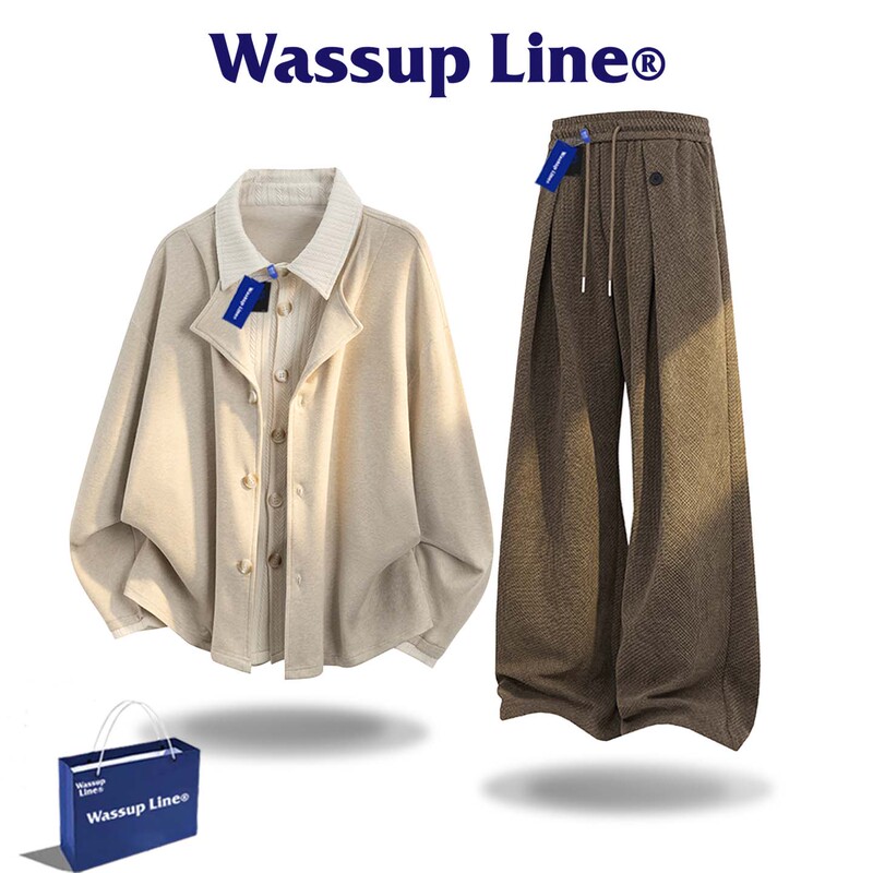 Wassup Line Trendy Brand Suit for Men, Fake Two-Piece Casual Autumn Long-Sleeved Loose Trendy Long Pants Two-Piece Set Wassup Line Trendy Brand Suit for Men, Fake Two-Piece Casual Autumn Long-Sleeved Loose Trendy Long Pants Two-Piece Set