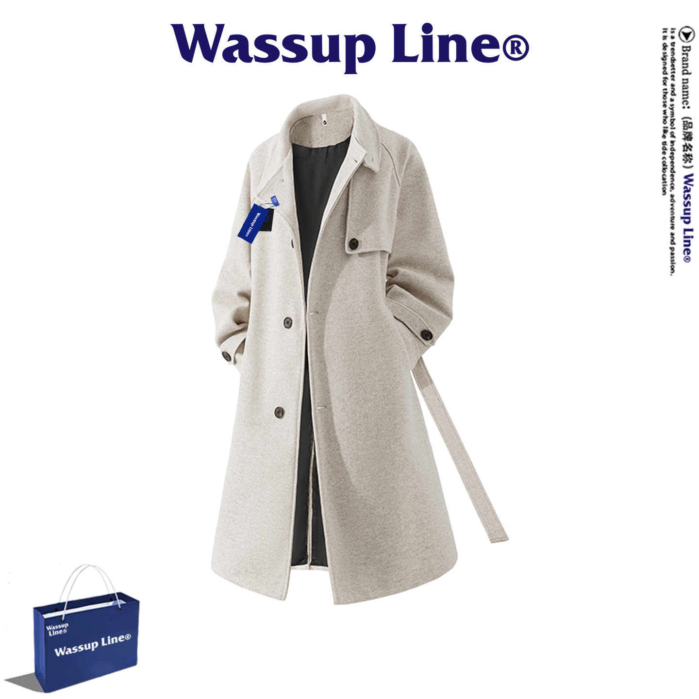 Бренд WASSUP Line tide, длинная шерстяная ветровка, мужское осенне-зимнее пальто высокого класса, свободное простое пальто