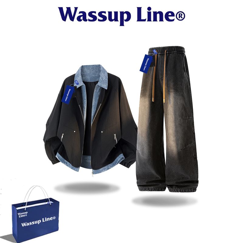 Wassup Line Trendy Brand Cool Two-Piece Patchwork Jacket Casual Suit Men's Autumn Long-Sleeve Sports Suit