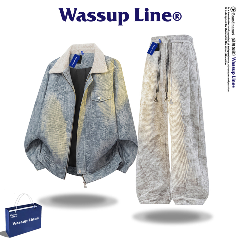 Wassup Line Trendy American Style Suit Men's Retro Fur Collar Jacket Spring and Autumn Long Pants Coat Two-Piece Set