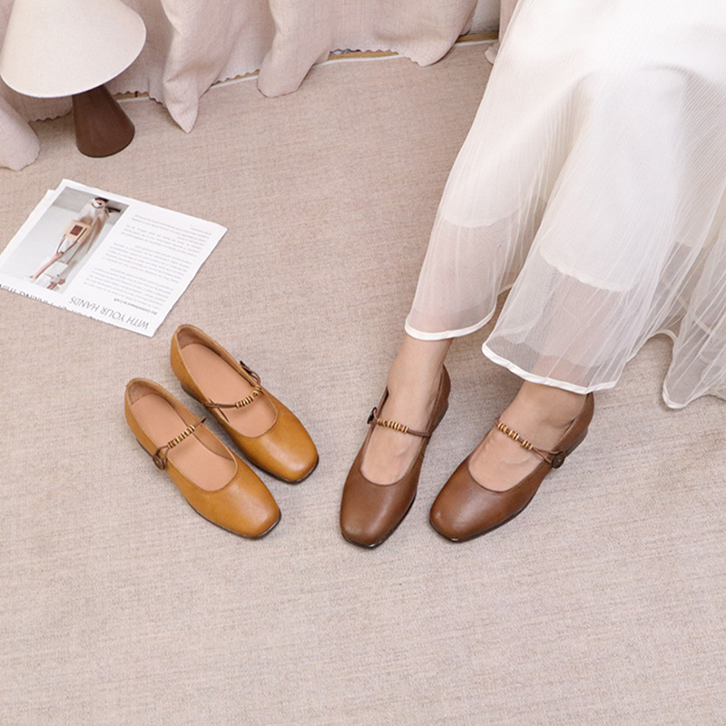 Handmade Genuine Leather Women's Shoes, Spring and Summer New Style, Casual Retro Versatile Square Toe Shallow Mary Jane Shoes, Full Leather Single Shoes with Thick Heels