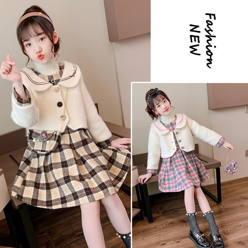 Girl Suit 2021 New Spring Dress Foreign Pie Children Little Girl Spring Autumn Plaid dress Two sets Skirt Tide