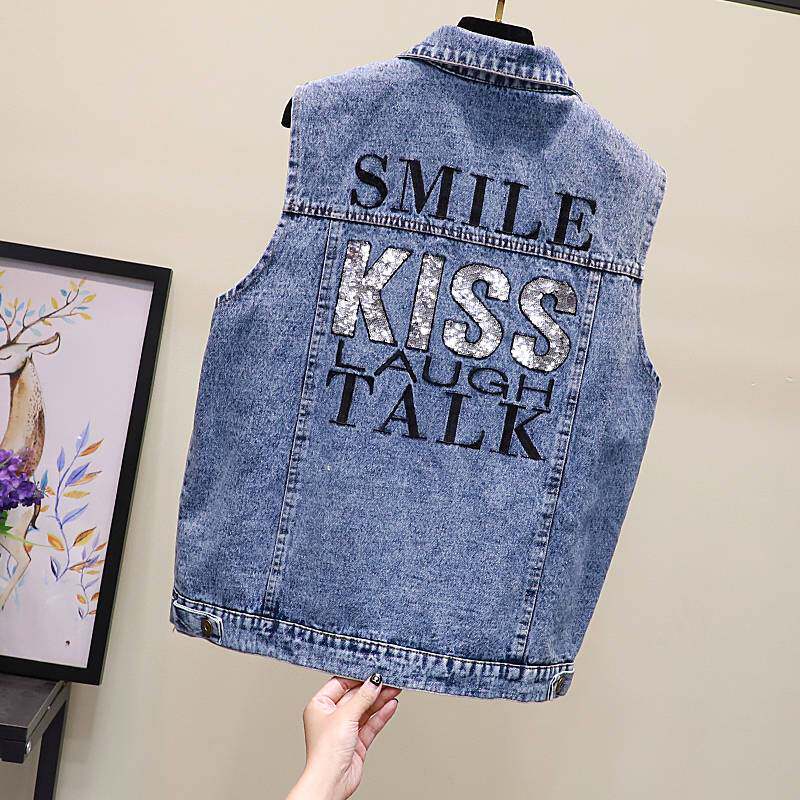 2022 spring and summer new European and American denim waistcoat waistcoat female sleeveless short loose Korean version embroidered thin jacket woman