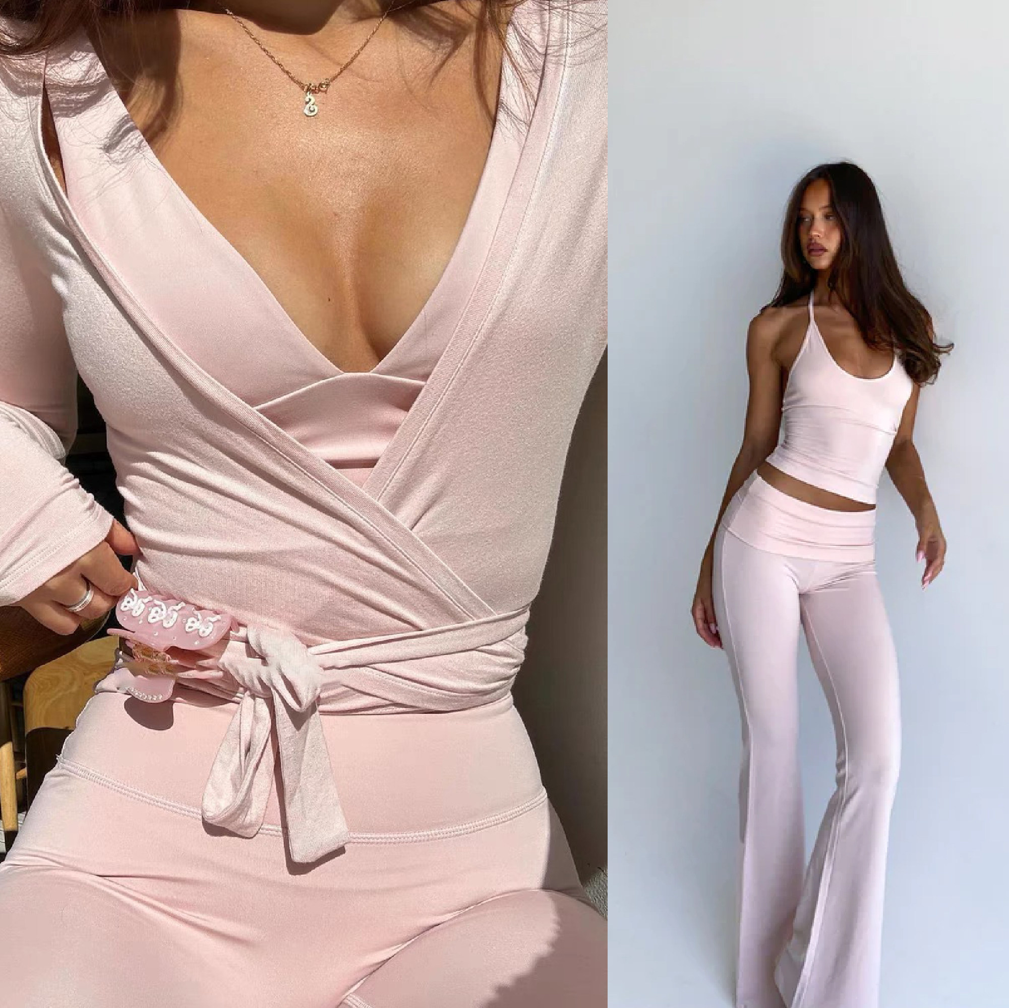 *Heavyweight CSB Ballet-inspired Cover-up Top with Padded Bra, Tie-front Vest, Turn-Up Waist, Wide-Leg Pants
