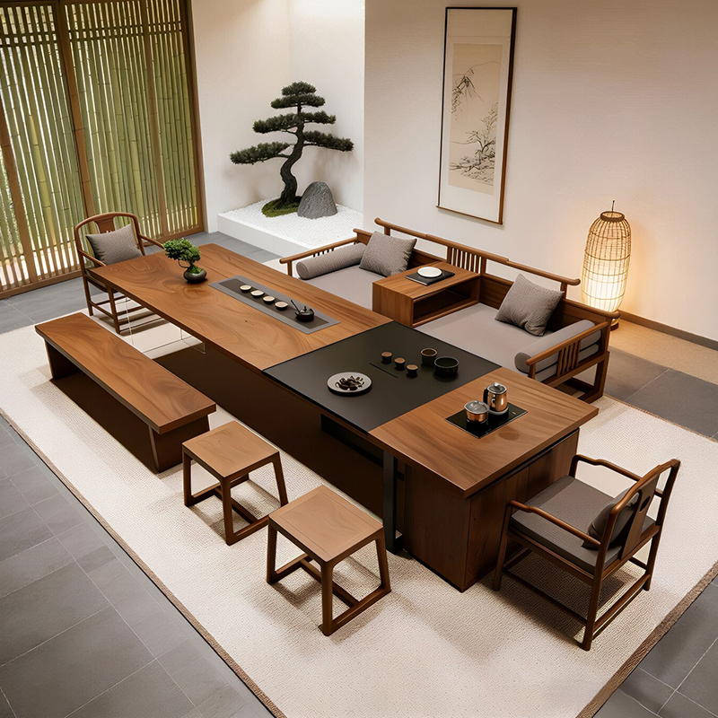 New Chinese-Style Hotel Clubhouse Solid Wood Tea Table, Sales Office Living Room Table and Chair Set, Zen-Inspired Tea Room Black Walnut Tea Table New Chinese-Style Hotel Clubhouse Solid Wood Tea Table, Sales Office Living Room Table and Chair Set, Zen-Inspired Tea Room Black Walnut Tea Table