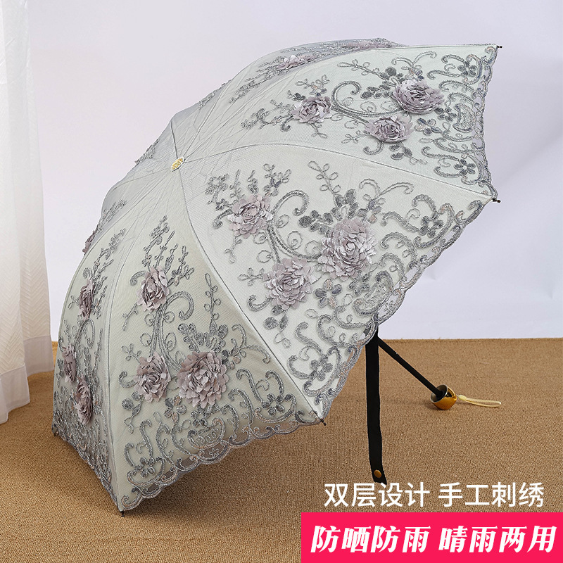 Tiantang Umbrella Boutique High-End Lace Embroidery Vintage Black Coating Uv Protection Sun Umbrella for Women, Dual-Use for Sun and Rain