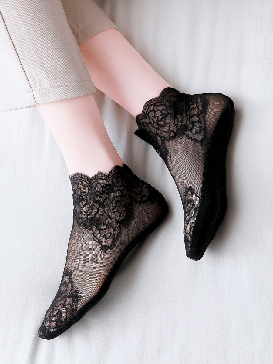 Black lace socks summer thin lace socks shallow spring and autumn cotton sole feet transparent crystal stockings